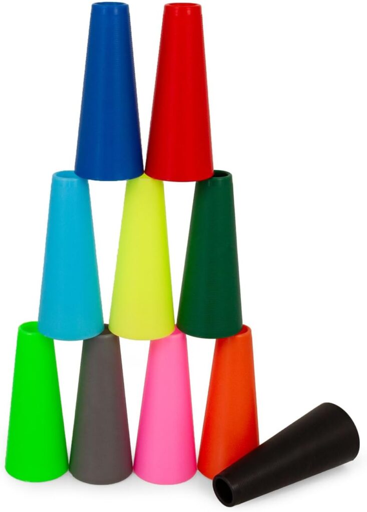 Coloured cones stacked.